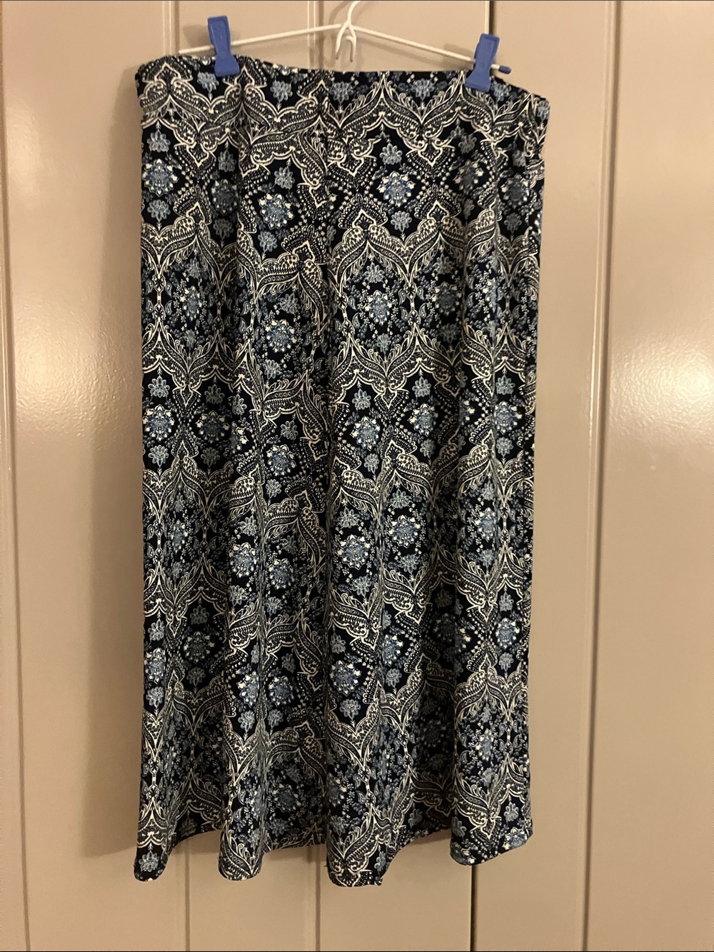 Navy Printed Midi Skirt with Light Blue Floral Motif